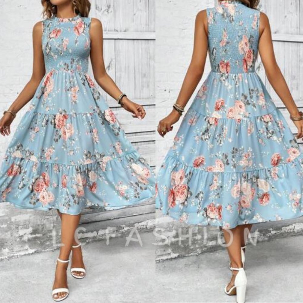 Boho Dress, Floral Print Ruffle Hem Dress, summer dress